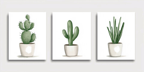 Three simple minimalistic drawings of a cactus in a pot on a white background. Decor concept.
