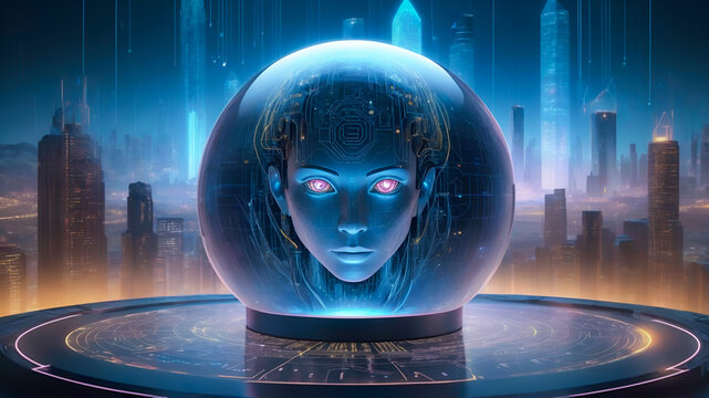 An AI oracle with glowing eyes and circuits, gazing into a crystal ball made of digital code