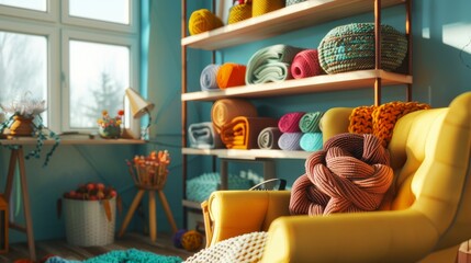A serene knitting nook with yarn and knitting needles, showcasing a cozy corner with shelves of colorful yarns, knitting needles