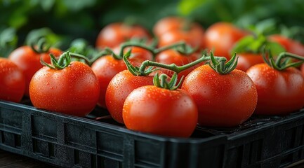 Close-up of fresh, red tomatoes in a black plastic container.