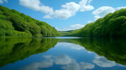 A vibrant scene with clear lake reflections of lush green forests under a bright blue sky