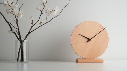 A wooden clock sits on a table next to a vase of flowers
