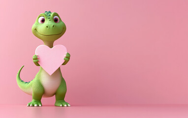 Fototapeta premium A green dinosaur stands on a pink background holding a pink heart. It's looking directly at the camera with a big smile