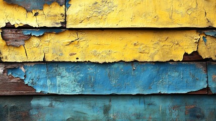 Obraz premium Peeling Blue and Yellow Paint Texture on Wooden Wall. Generative AI