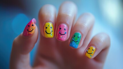Playful nail art designs featuring colorful smiley faces indoor setting hand photography cheerful vibe close-up perspective for creative expression