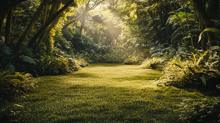 Naklejka premium Tropical jungle scene with dense greenery in the background, soft sunlight filtering through leaves, and a large open space in the foreground.
