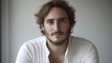 Fototapeta premium Portrait of a Handsome Young Man Smiling and Looking at the Camera in Bright Natural Light, Conveying Warmth and Approachability in a Minimalist Setting
