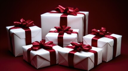 Festive and Elegant White Gift Boxes with Red Glitter Ribbons Arranged in an Artistic Display for Celebrations, Holidays, or Special Occasions Photography
