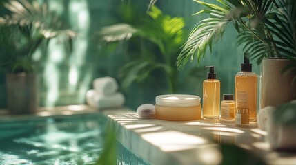 Obraz premium Spa Skincare Products with Tropical Greenery. Generative AI