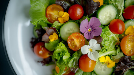 A gourmet salad featuring fresh vegetables and edible flowers, offering a visually striking and nutritious dish