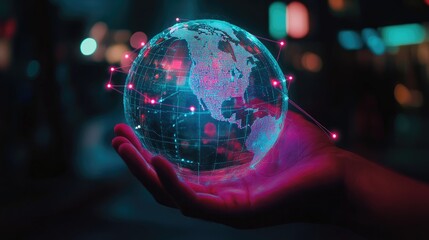 Fototapeta premium globe, neon, grid, holographic, lights, hand, dark, backdrop, futuristic, connectivity, network, global, technology, digital, overlay, innovation, concept, cyber, world, modern, tech, virtual, design,