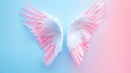 Obraz premium Ethereal pink and white angel wings against a gradient background, symbolizing beauty and freedom.