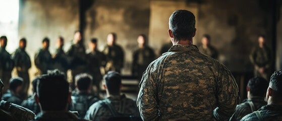 Soldiers attending a briefing in a military facility, focusing on leadership and teamwork during training sessions
