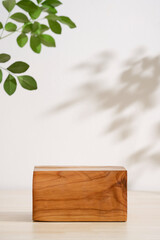 Wooden podium table top blurred green leaf plant on white empty space nature background.Beauty cosmetic natural product modern stage display.