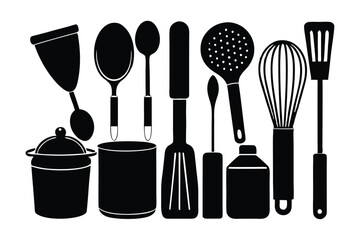 Minimalist Kitchen Utensils Silhouette Vector Set - Cookware, Black & White Outline Icons, Flat Culinary Design