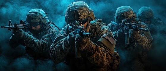 Fototapeta premium Soldiers observing the night sky in a forest during a military operation under a starry atmosphere