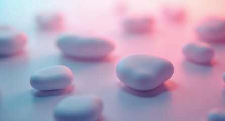 Lucid pebbles in soft pastel colors with a depth of field, close-up view, and serene, minimalistic appeal for abstract wallpapers.