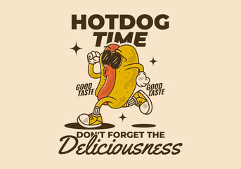 Hot Dog time, Don't forget the deliciousness. Vintage retro character of hot dog in running pose