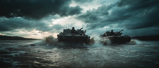Fototapeta premium Military amphibious vehicles maneuvering through turbulent waters during a dramatic sunset operation