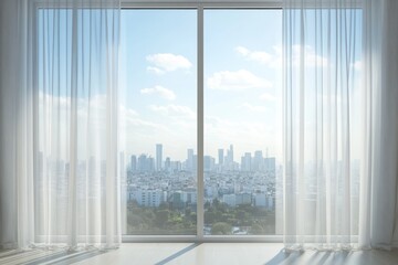 Fototapeta premium Bright Urban View Through Sheer Curtains