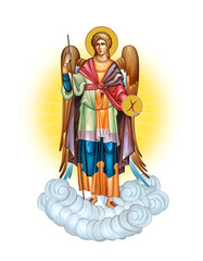 Fototapeta premium The Archangel Gabriel on heaven in sunny rays. Illustration in Byzantine style