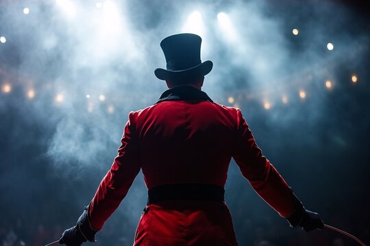 Back view of a traditional circus ringmaster with top hat, holding a whip, facing center ring, dramatic spotlight, smoky air, close-up 3