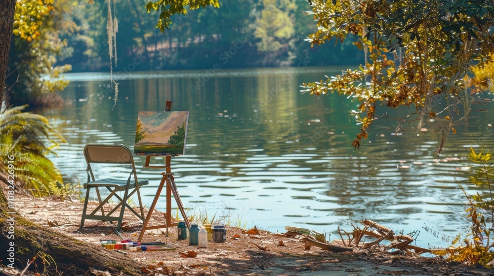 Poster a serene painting setup by a tranquil riverside, easel and paints neatly placed, artistic nature-ins