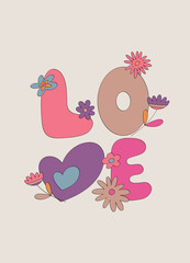 Playful retro 'Love' typography adorned with colorful flowers and hearts. Perfect for romantic designs, vintage-inspired decor, or creative projects with a groovy vibe