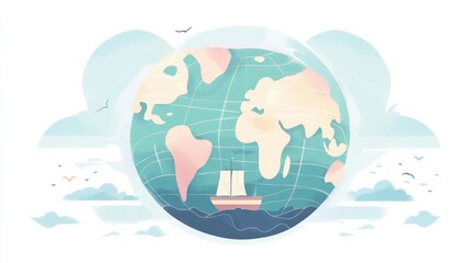 Transparent Earth showing maritime routes flat design front view navigation theme cartoon drawing colored paste