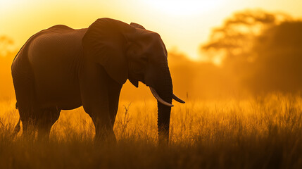 African elephant (Loxodonta) standing in the savannas, with a warm sunset scene in the background