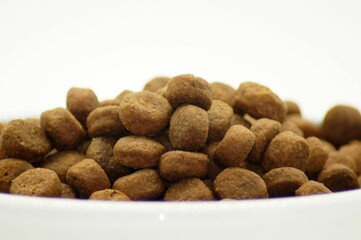 Closeup shot of small pile of dry dog food, isolated on a white background