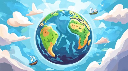 Naklejka premium Transparent Earth showing maritime routes flat design front view navigation theme cartoon drawing colored paste