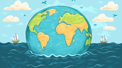 Transparent Earth showing maritime routes flat design front view navigation theme cartoon drawing colored paste