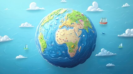 Obraz premium Transparent Earth showing maritime routes flat design front view navigation theme cartoon drawing colored paste