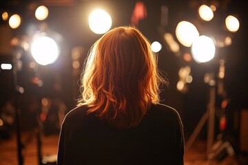A woman with shoulder-length red hair, standing at the back of the set, observing the setup for a film scene, illuminated by bright stage lights, back view 5