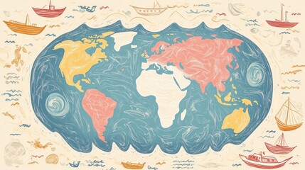 Fototapeta premium Transparent Earth showing maritime routes flat design front view navigation theme cartoon drawing colored paste