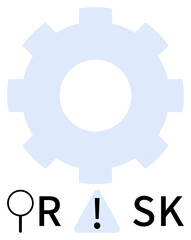 Blue gear with a magnifying glass, exclamation mark, and the word RISK. Ideal for business risk assessment, strategic planning, preventive measures, project management, decision-making, financial
