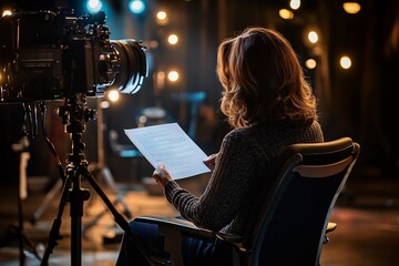 A woman with medium-length brown hair, sitting at a director's chair on set, reviewing a script, with film lights illuminating the set from above 3