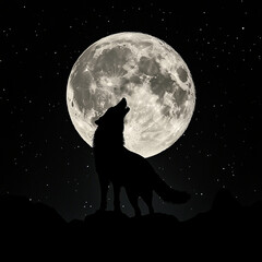 Silhouette of a wolf howling at a full moon, with a starry night sky providing ample space for copy.