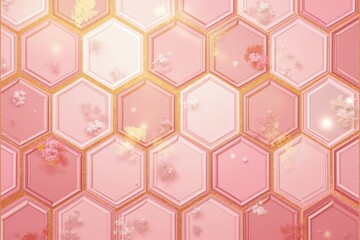 Obraz premium Pink hexagonal pattern with gold accents and floral details