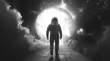 Cosmonaut on threshold of transcendent galactic gateway. Futurity. Illustration