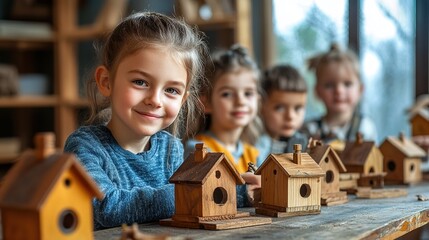 group of children assembling birdhouses in a woodcraft class, each child carefully hammering and painting their own unique design