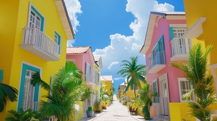 Fototapeta premium Colorful Tropical Street with Bright Houses