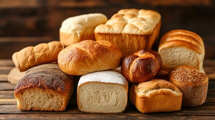 A pile of freshly baked bread sits on a wooden surface.