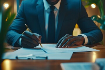 A black businessman in a smart suit, signing an agreement at his desk, with documents spread out, a plant on his desk, and soft lighting in his modern office 1