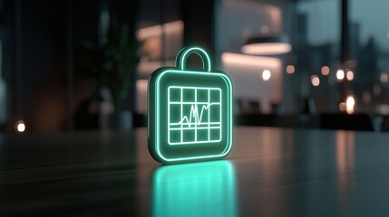 A green suitcase with a graph on it sits on a table