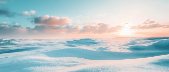 Serene winter landscape at sunrise with gentle snow-covered hills and soft clouds in a clear blue sky