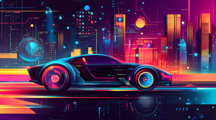 Cyberpunk pulse: neon-infused, electronic, high-energy, geometric patterns, cityscape backdrop. Futurity. Illustration
