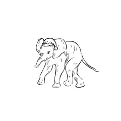 A baby elephant calf wearing a Christmas hat. Cute festive animal illustration in black and white sketch.