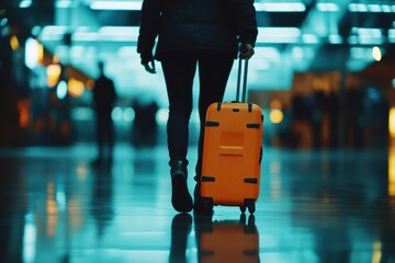 Fototapeta premium Traveling with a Bright Yellow Suitcase in an Airport